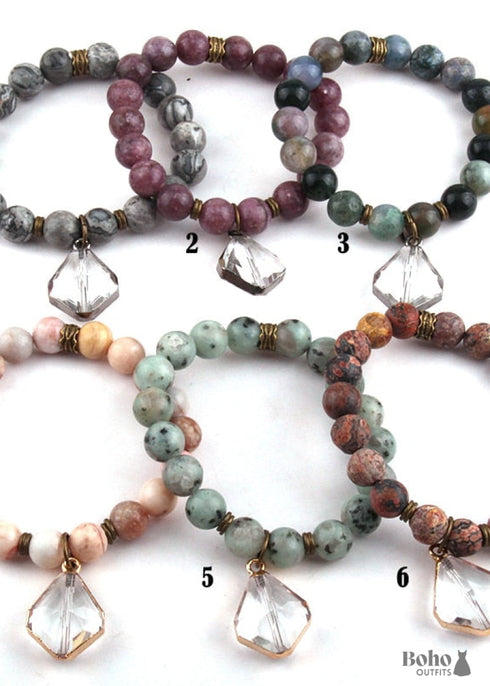 Boho Bracelet, RH Yoga Bracelet, Natural Stone with Glass Crystal